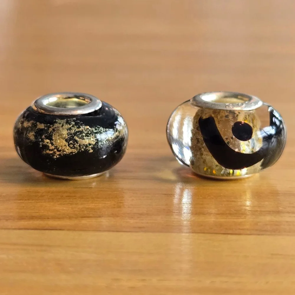 Murano Glass Charm Bracelet Bead Spacer Silvertone Women's Black Gold Swirls